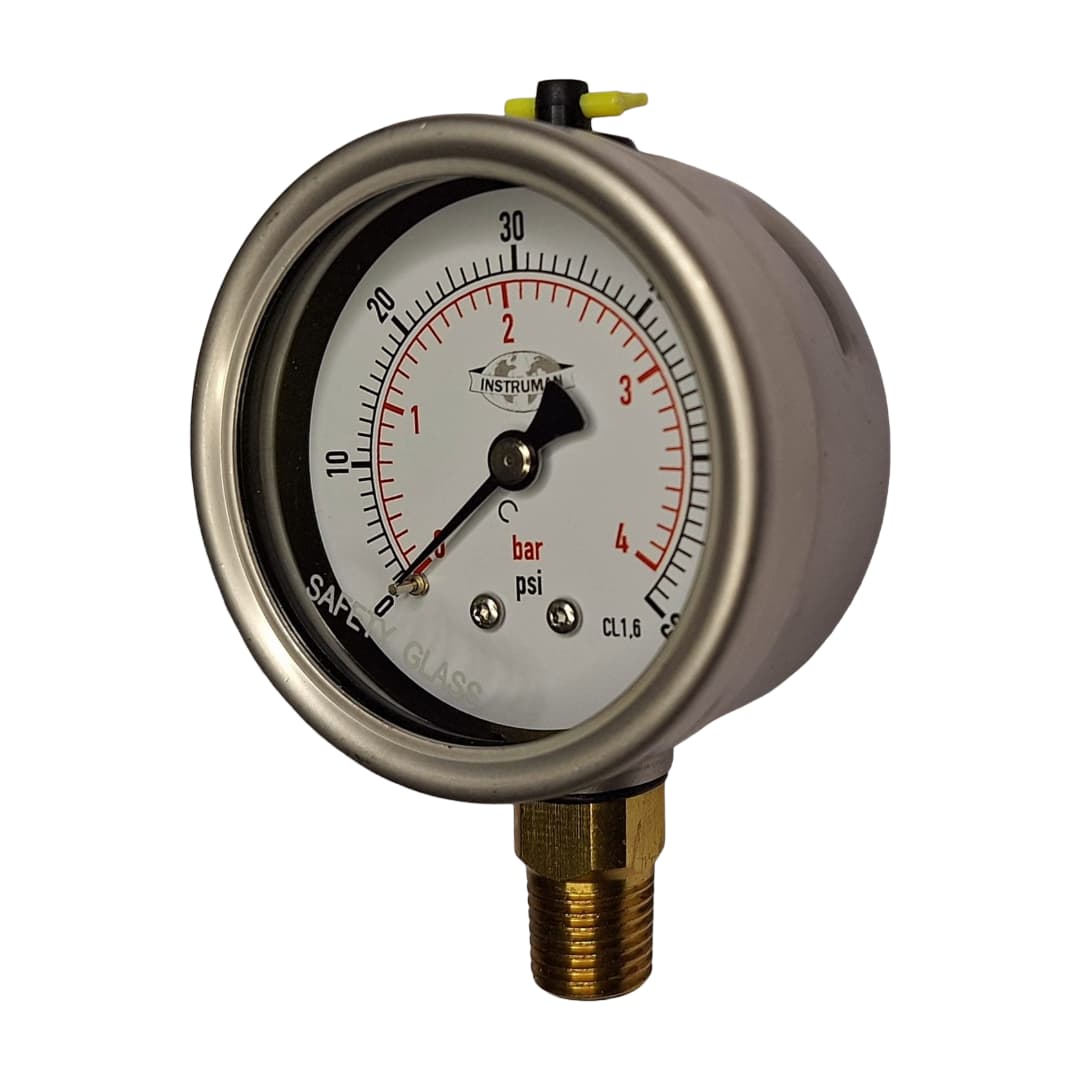 Manómetro Inox Hermético Relleno con Glicerina — Restrictor de Pulsos + Pressure Equalization Plug