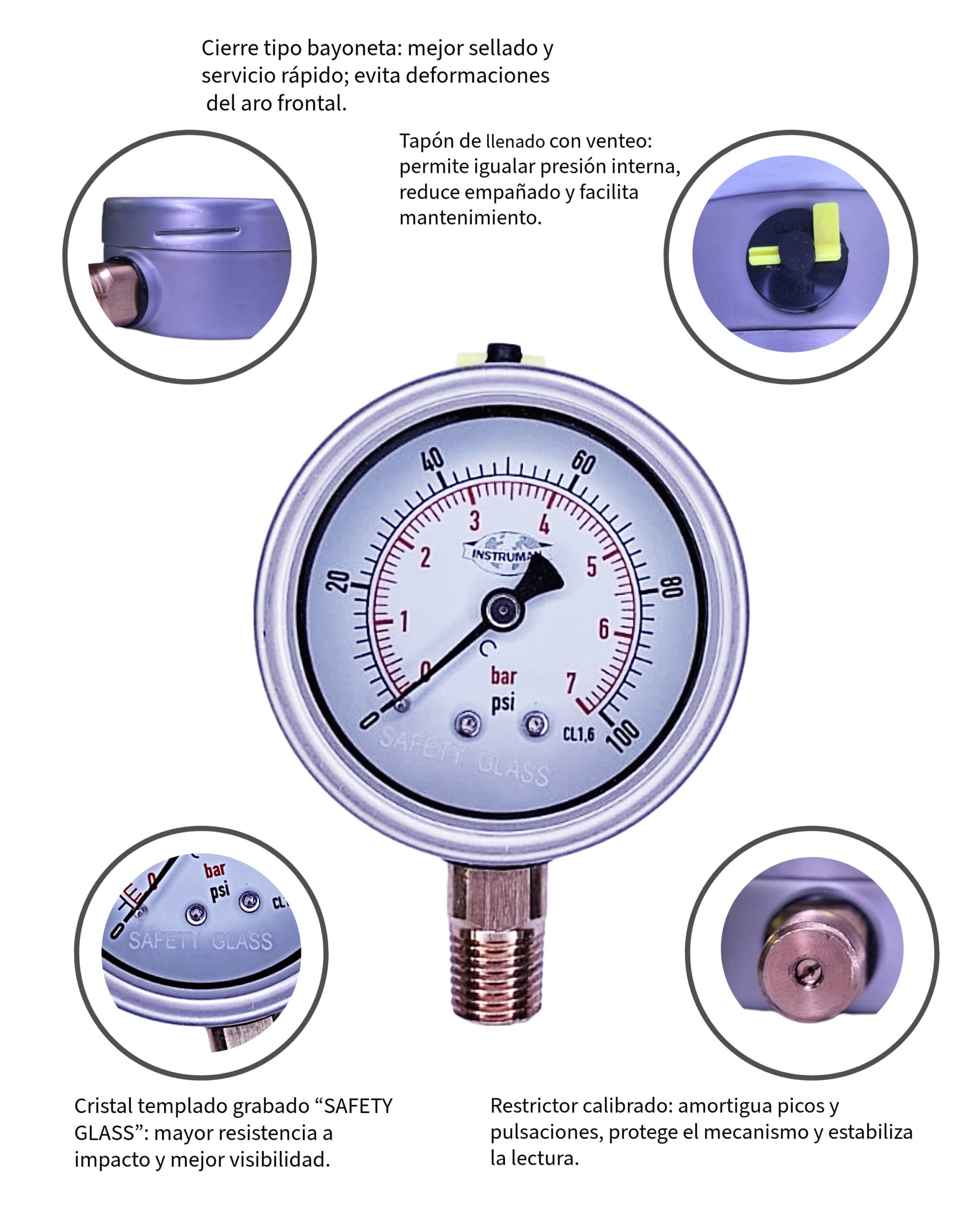 Manómetro Inox Hermético Relleno con Glicerina — Restrictor de Pulsos + Pressure Equalization Plug - Imagen 2